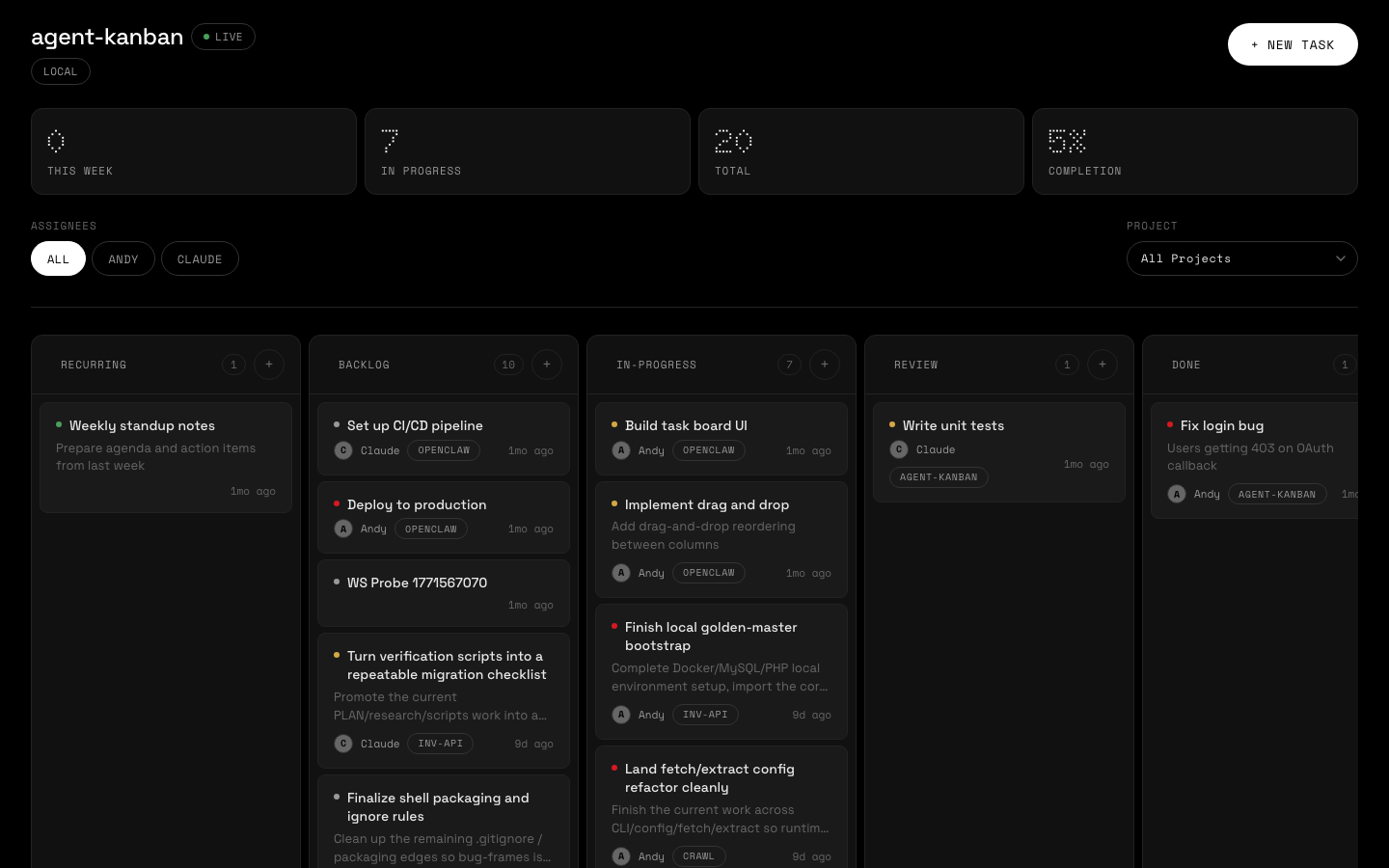 agent-kanban web dashboard showing kanban board with columns and task cards