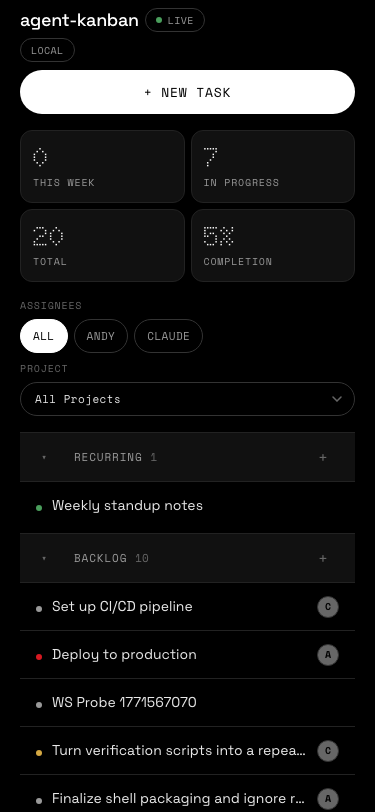agent-kanban mobile view showing grouped task list